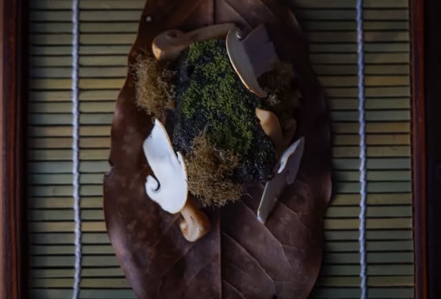 A dark, moss-dusted course plated on a dried magnolia leaf at Vestige
